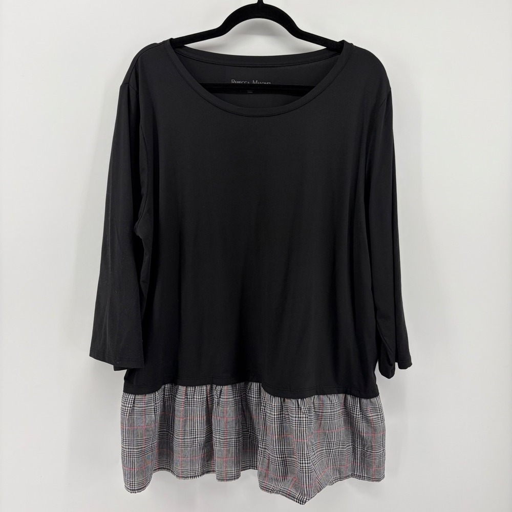 Rebecca Malone Black Plaid Tunic Top Women's XL Long Sleeve Ruffle Hem